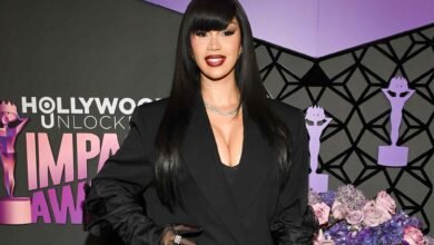 Cardi B Rocks Elegant All-Black Look and Chic Bangs at the Hollywood Unlocked Impact Awards